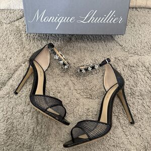 Monique Lhuillier‎ Black Embellished Ankle Strap Heels Sz 6 Made In Italy
